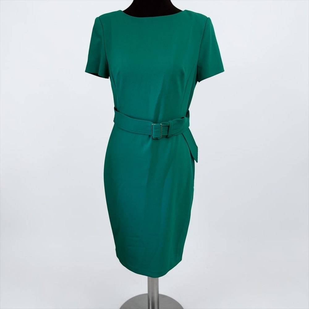 Calvin Klein Emerald Green Short Sleeve Belted Sheath Dress Size 6